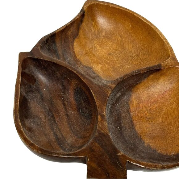 Vintage Philippines Hand Carved Leaf Divided Wood Tray Dish MCM - Picture 2 of 3